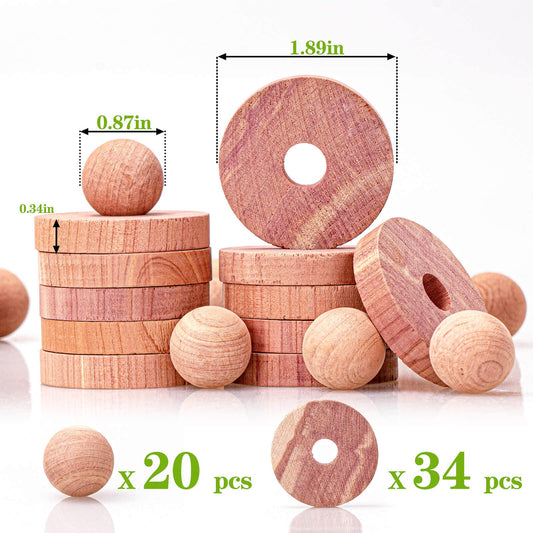 Cedar Blocks for Clothes Storage, Cedar Balls & Cedar Rings for Clothes Protection 54 Pack, 34 Cedar Rings & 20 Cedar Balls for Closets & Drawers